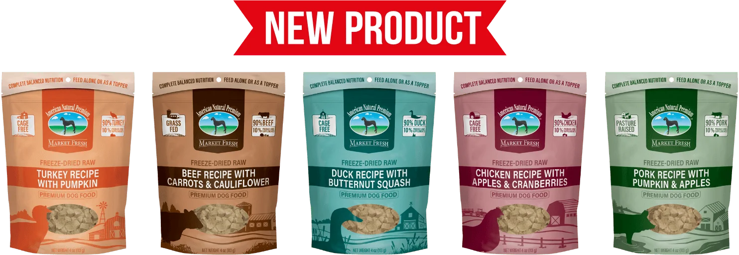 The five Freeze-Dried Raw pouches