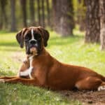Boxer lying in the woods